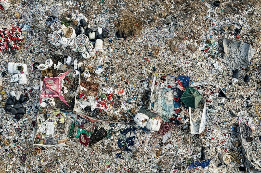 Drone shot of a landfill site in South Tangerang showcasing environmental pollution.